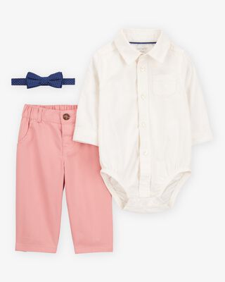 Product image 1 of Baby 3-Piece Bowtie Pant Set - Ivory/Pink