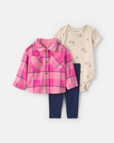 baby girl 3-piece buffalo check fleece layering set - pink