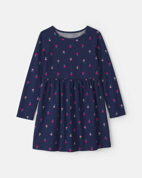 girls floral long-sleeve dress - navy blue