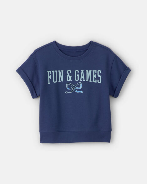 girls 'fun & games' bow french terry top - navy blue