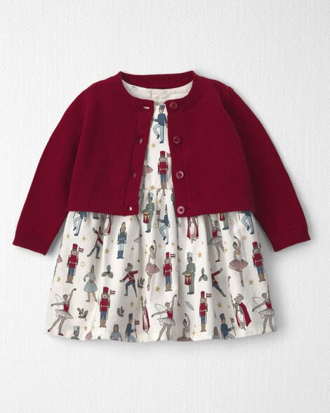 Baby Girl 2-Piece Organic Cotton Cardigan Dress Set in Nutcracker