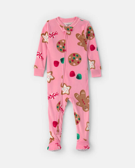 toddler girl 1-piece christmas gingerbread dreamplush snug fit footed pajama - pink