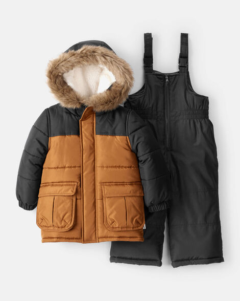 toddler boy 2-piece color block hooded snowsuit jacket & bib set - brown/black