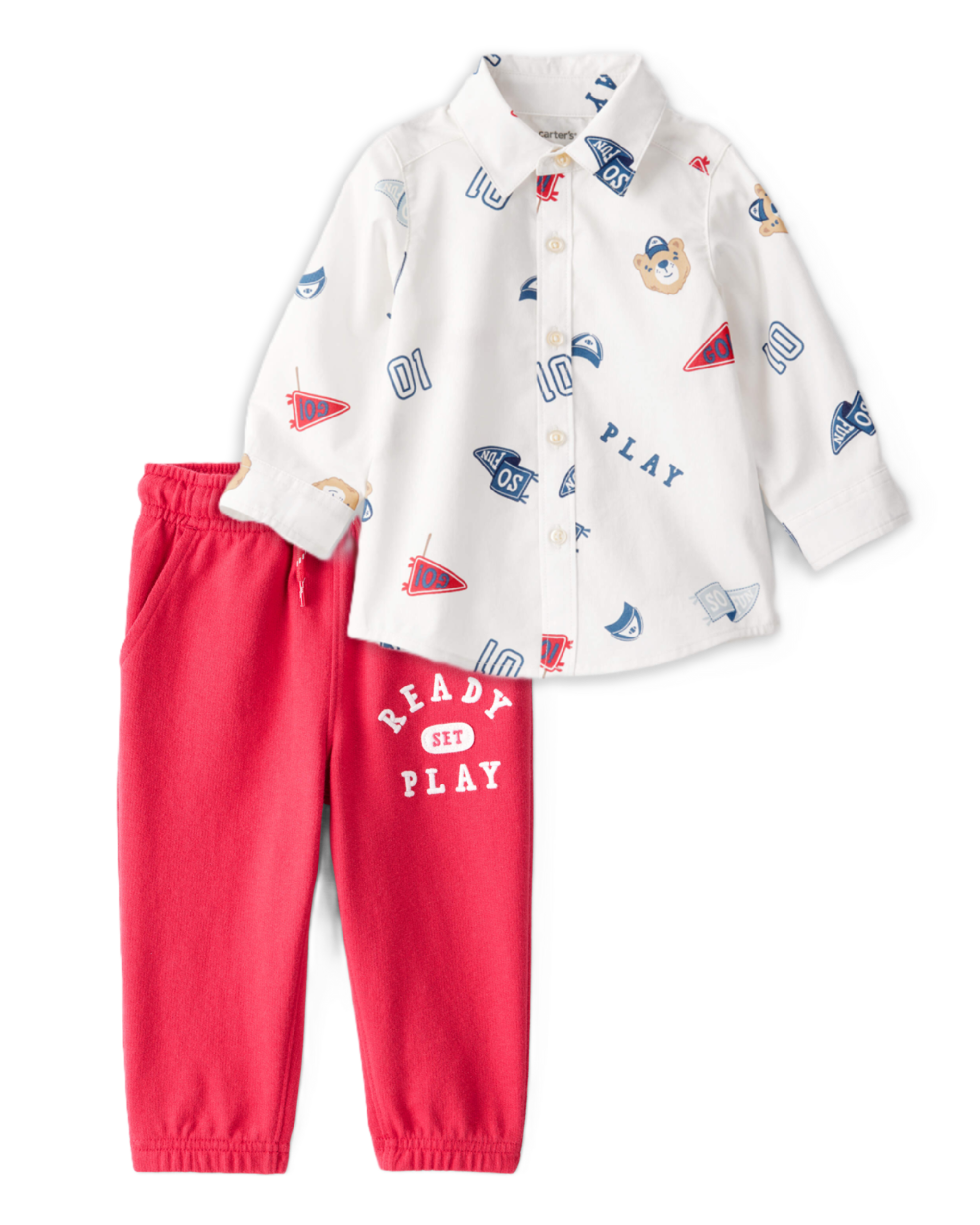 Baby Boy 2-Piece Varsity Bear Print Shirt & Ready Set Play Joggers Set - Ivory/Red