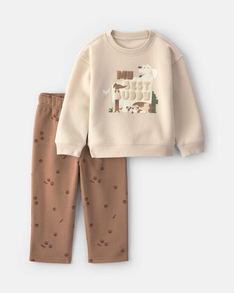 baby boy 2-piece 'my best buddy' dog fleece sweatshirt & pant set - cream/brown