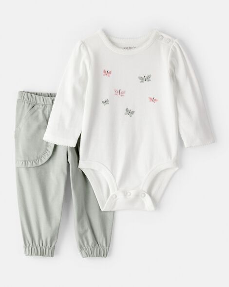 baby girl 2-piece butterfly bodysuit & pant set - green/white
