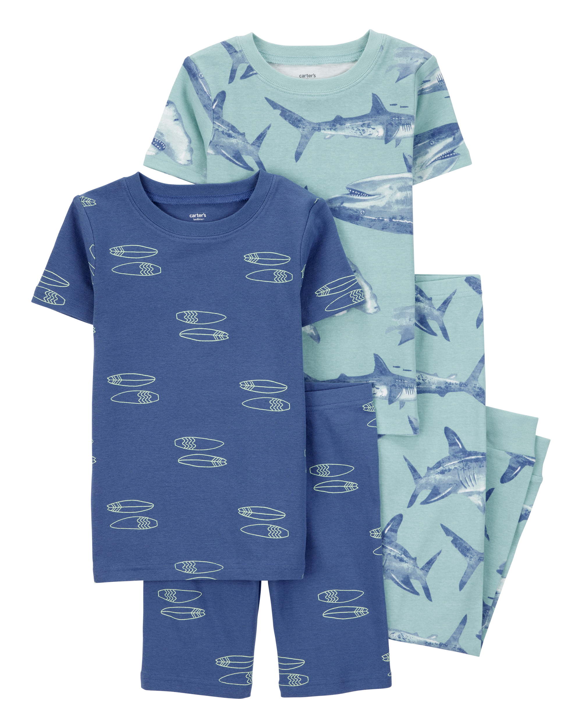 Boys 4-Piece Shark Surfboard 100% Snug Fit Cotton Pajamas - Blue