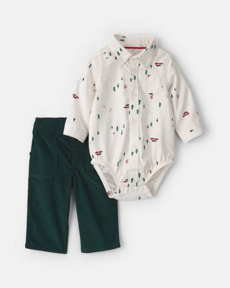 baby boy 2-piece christmas twill long-sleeve top & pant set - cream/green