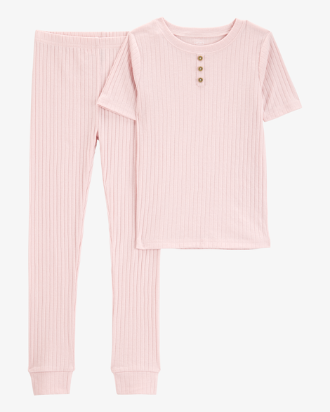 kid solid ribbed cotton blend 2-piece pajamas - pink