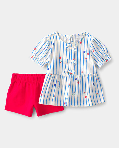 toddler girl 2-piece strawberry top & short set - blue/red