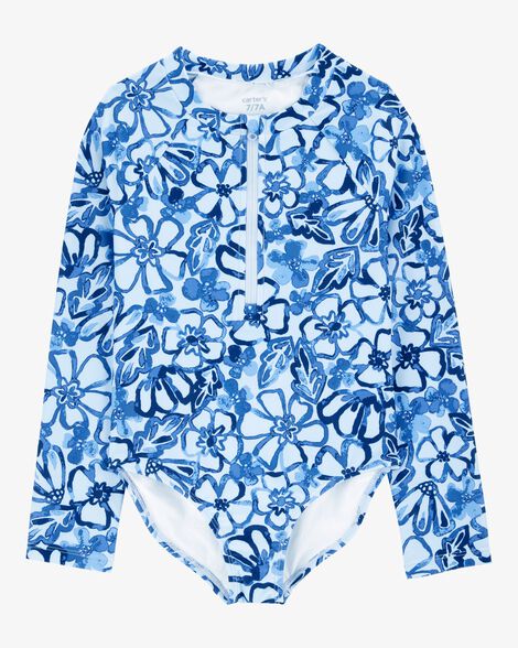 Product image 1 of Kid 1- Piece Floral Long-Sleeve Rashguard Swimsuit - Blue
