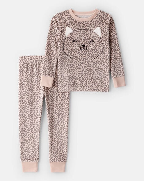 toddler girl leopard dreamplush long-sleeve snug fit 2-piece pajamas - brown