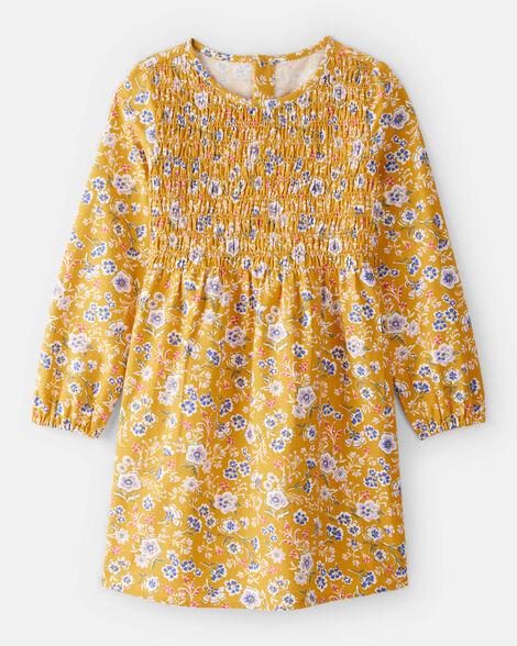 girls smocked floral long-sleeve dress - yellow
