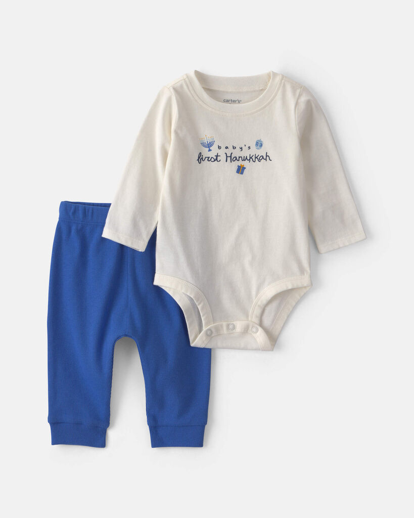 Carter's Baby Boys' and Baby Girls' Baby First Hanukkah Bodysuit and Pants, 2-Piece Set - Blue/Cream