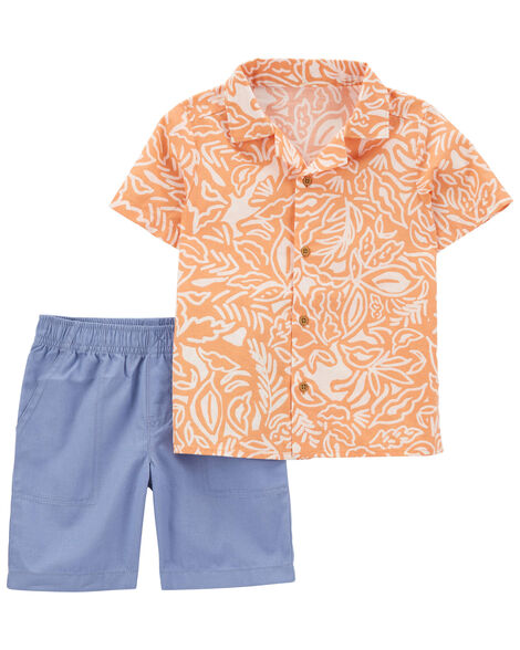  Product image 1 of Baby 2-Piece Palm Linen Button-Front Shirt & Short Set