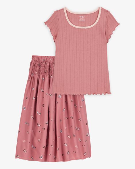 Product image 1 of Kid 2-Piece Pointelle Tee & Butterfly Maxi Skirt Set - Pink