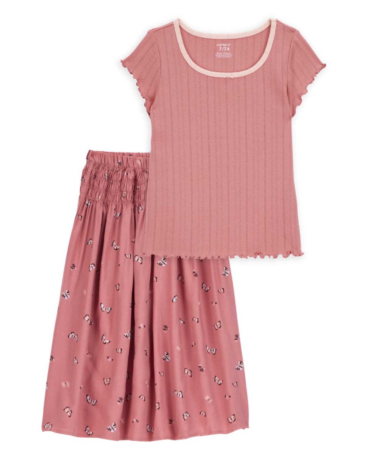 Kid 2-Piece Pointelle Tee & Butterfly Maxi Skirt Set - Pink
