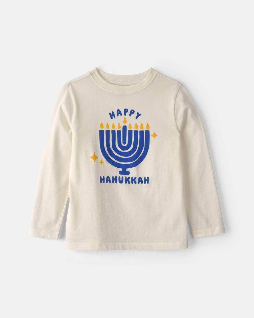 Carter's kids 'happy hanukkah' menorah long-sleeve graphic tee L Cream/Blue/Gold