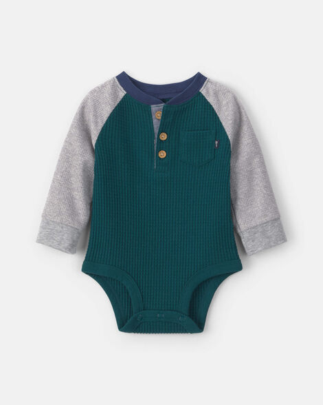 Baby Boy Waffle Knit Long-Sleeve Henley Bodysuit - Green