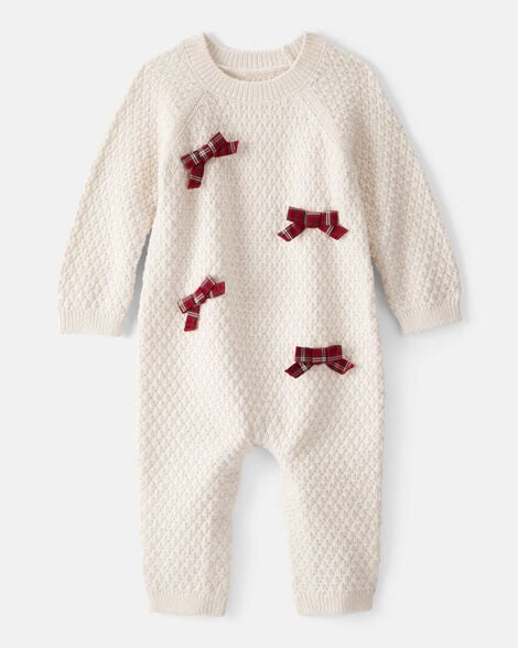 baby girl bow long-sleeve jumpsuit - white