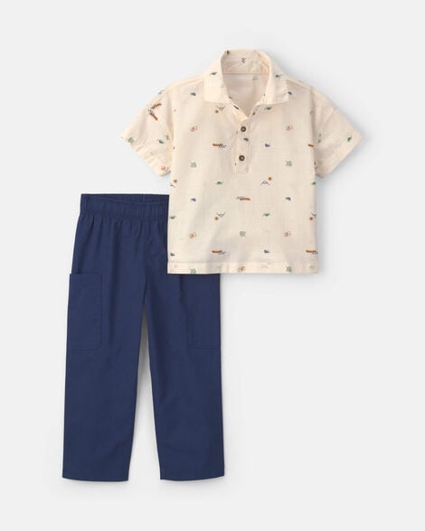 toddler boy 2-piece chambray short-sleeve top & pant set - cream/blue