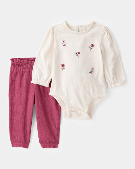 baby girl 2-piece floral long-sleeve bodysuit pant set - white/pink