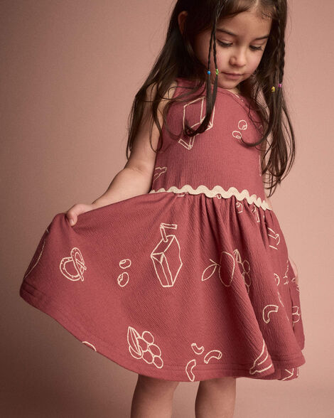Toddler Girl Ric-Rac Crossover Dress in Snack Print  - Red