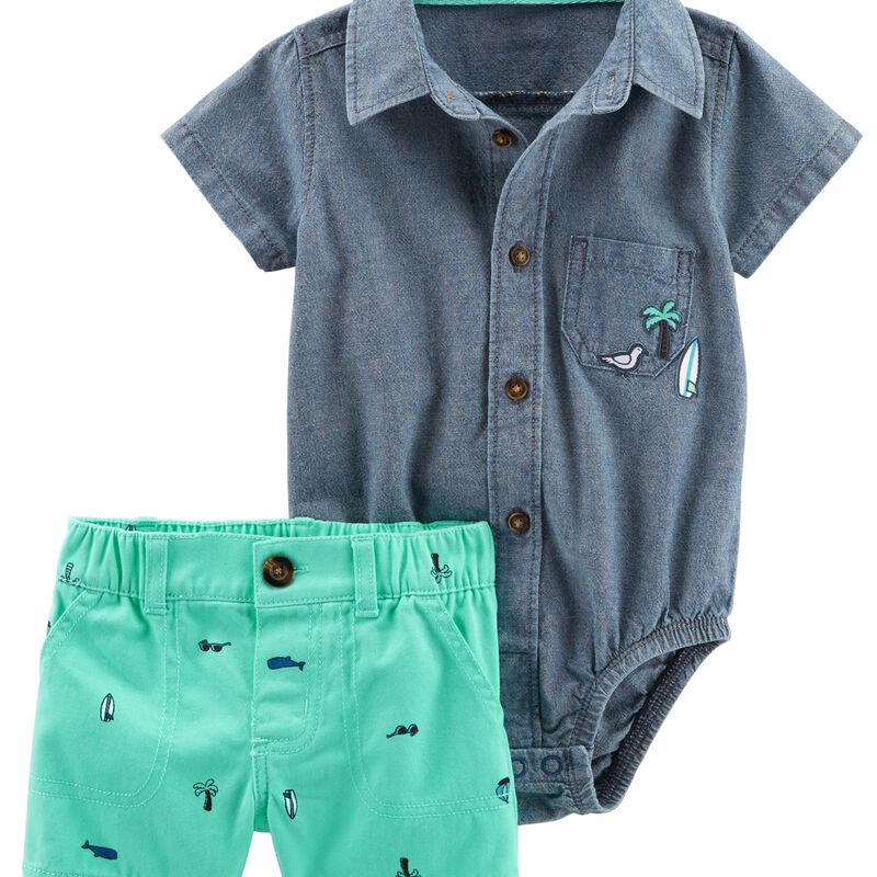 Mint 2Piece Chambray Bodysuit & Twill Short Set