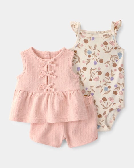 baby girl 3-piece floral top, bodysuit & short set - pink/cream