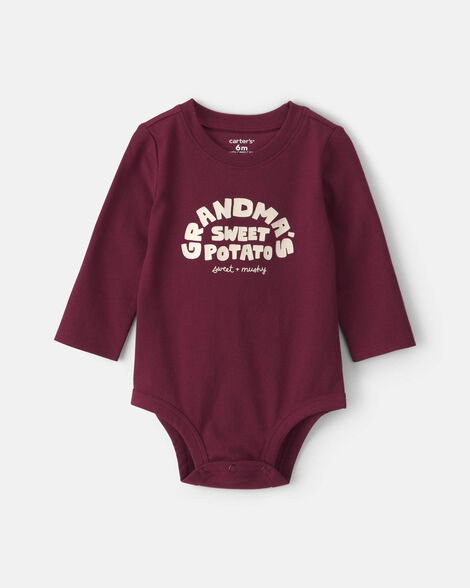 baby 'grandma's sweet potato' long-sleeve graphic bodysuit - maroon