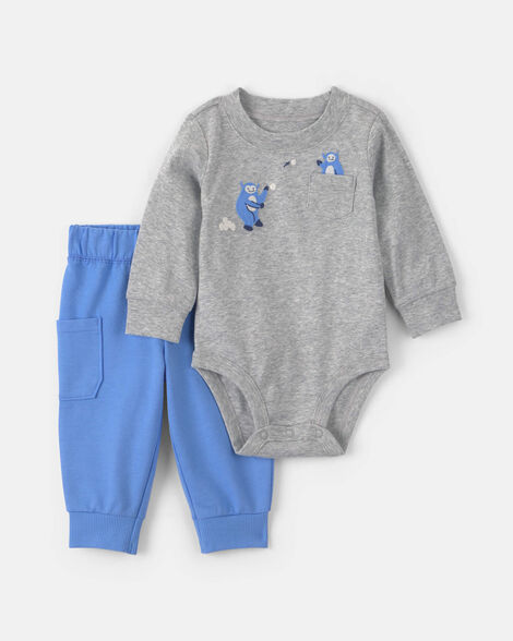 baby boy 2-piece bear long-sleeve bodysuit & pant set - blue/grey
