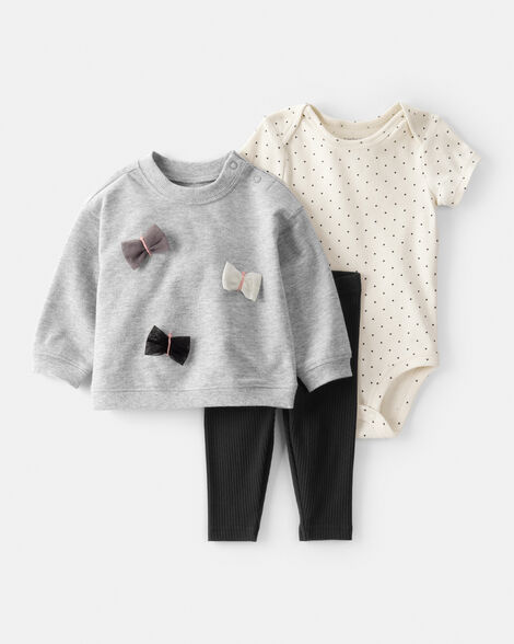 baby 3-piece bows little pullover set - grey