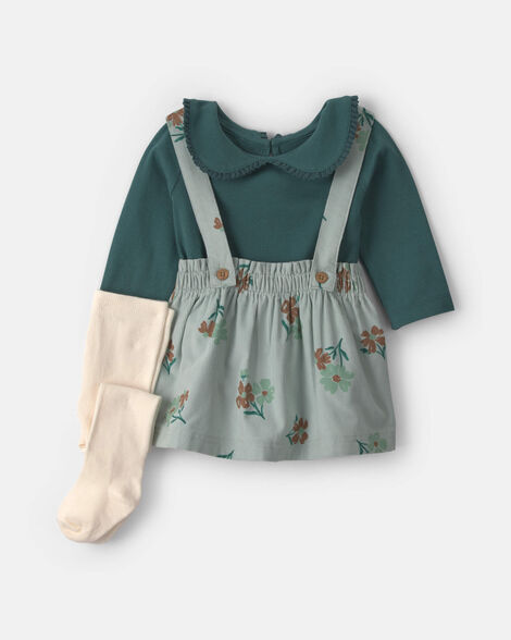 baby girl 3-piece floral corduroy long-sleeve dress set - green