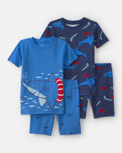 toddler boy shark 100% cotton short-sleeve snug fit 4-piece pajama set - blue