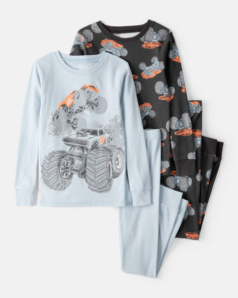 boys monster truck print 100% cotton long-sleeve 4-piece pajamas - blue