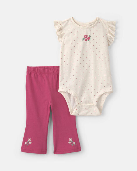baby girl 2-piece flower short-sleeve bodysuit & pant set - pink/cream
