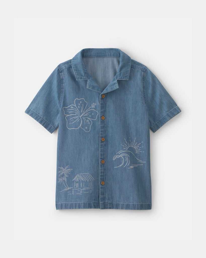 OshKosh B'gosh Boys Tropical Denim Short-Sleeve Button-Down Shirt - Medium Wash 10 Medium Wash