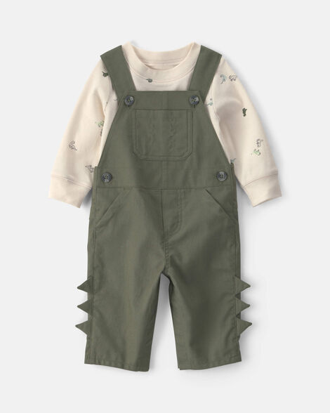 baby boy 2-piece dinosaur long-sleeve overall set - olive green