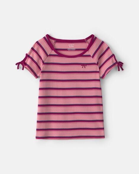 girls bow striped top - pink