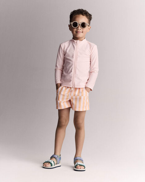 Toddler Boy Off-Center Stripe Swim Trunk - Light Pink/Orange