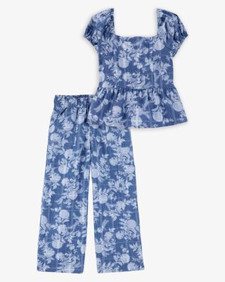 Product image 1 of Kid 2-Piece Floral Peplum Top & Drawstring Pants Set - Blue