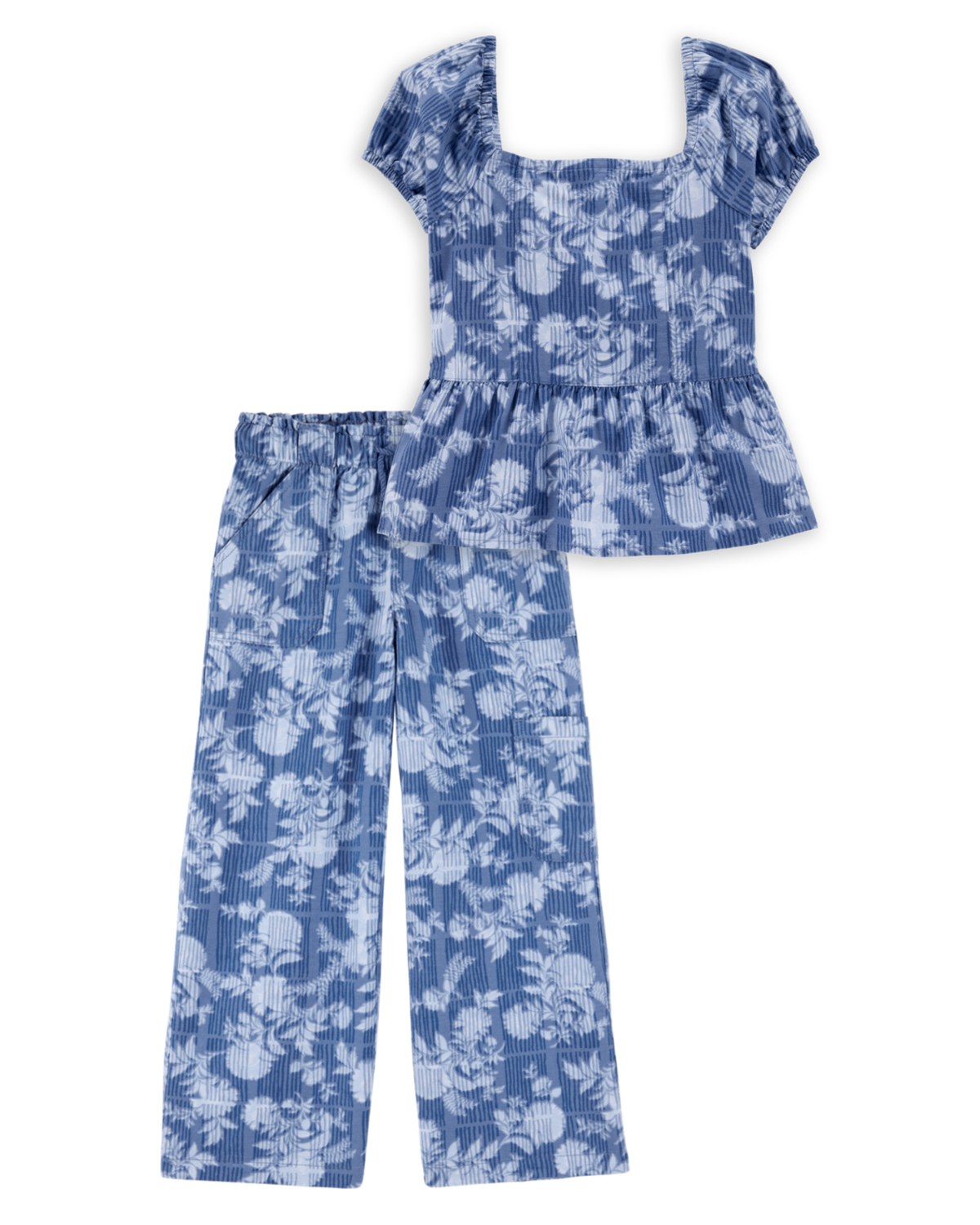 Kid 2-Piece Floral Peplum Top & Drawstring Pants Set - Blue