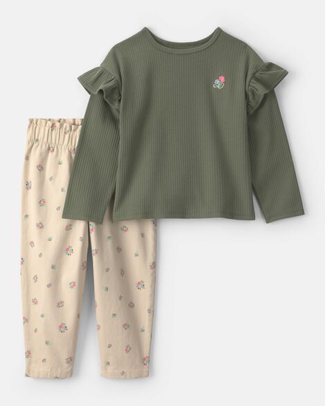 toddler girl 2-piece floral twill long-sleeve top & pant set - olive green/cream