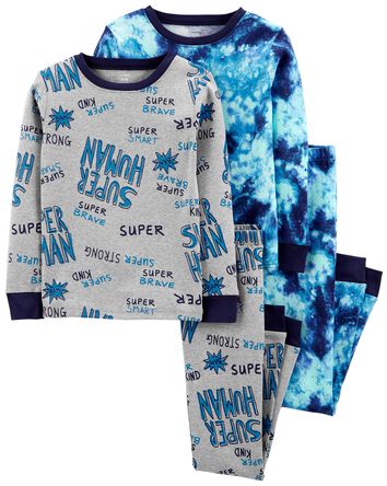 Kid 4-Piece Super Human Blue Tie Dye 100% Snug Fit Cotton Pajamas