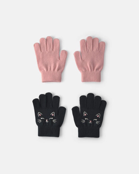 girls 2-pack cat halloween winter gloves - black/pink