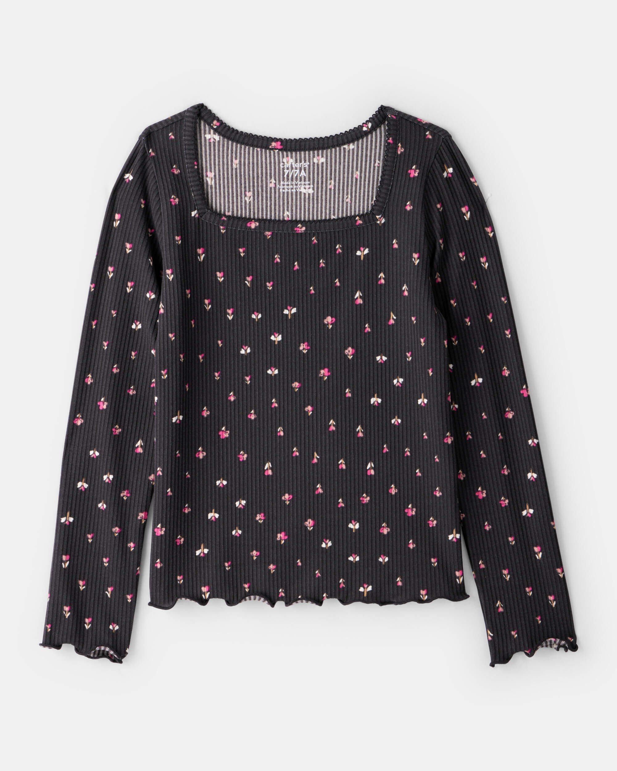 Girls Floral Ribbed Top - Grey
