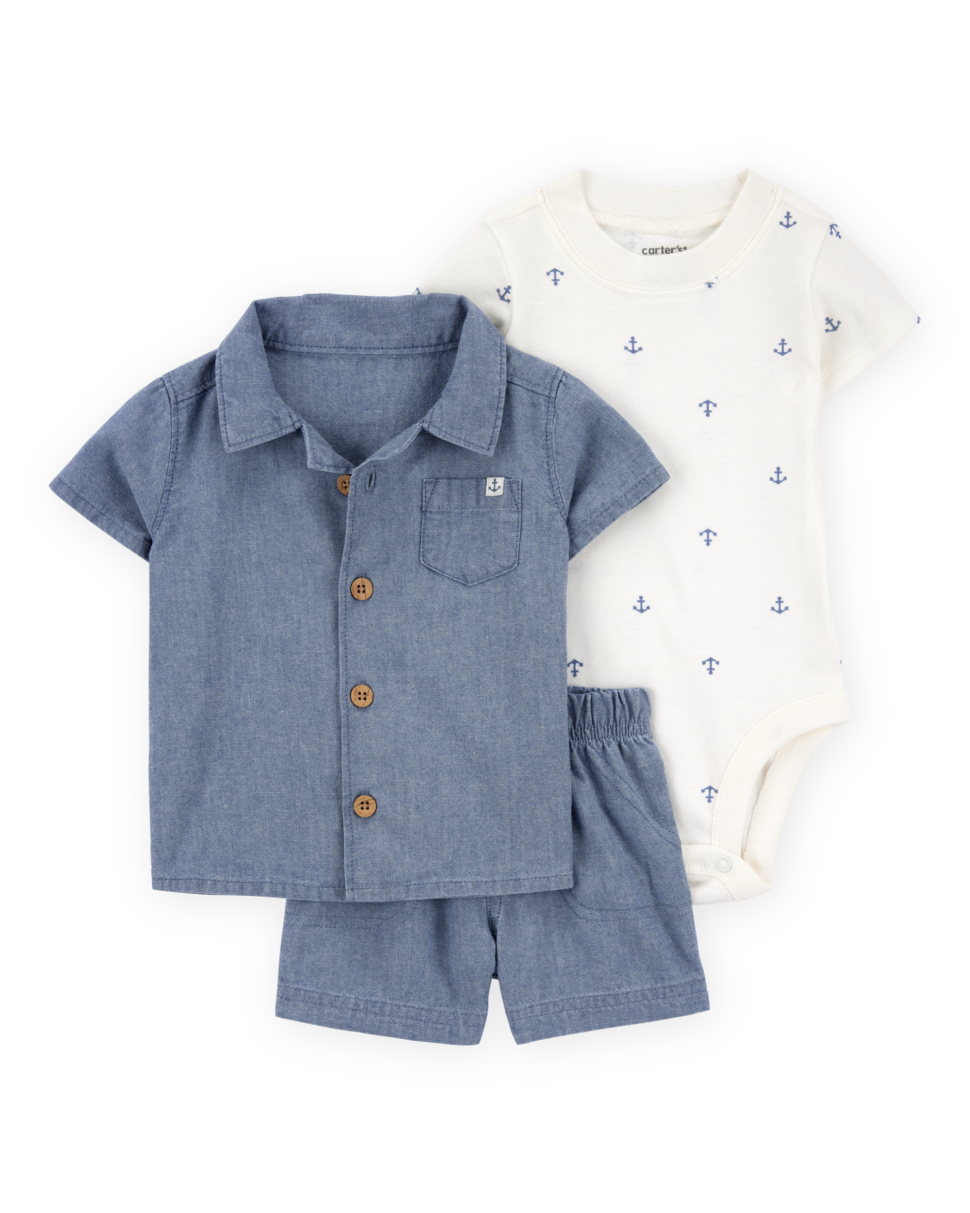 Baby Boy 3-Piece Chambray Anchor Outfit Set - Blue