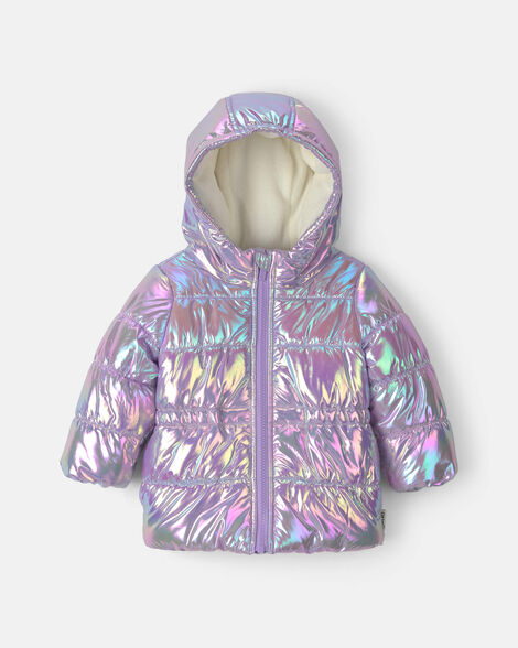 baby girl iridescent hooded heavyweight winter jacket - purple