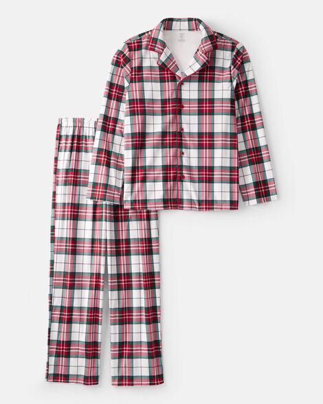 adult flannel plaid print long-sleeve loose fit 2-piece pajamas - red/green