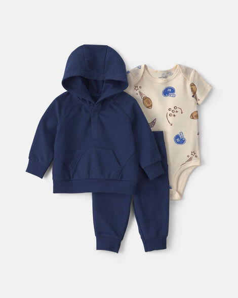 baby boy 3-piece football french terry layering set - navy blue